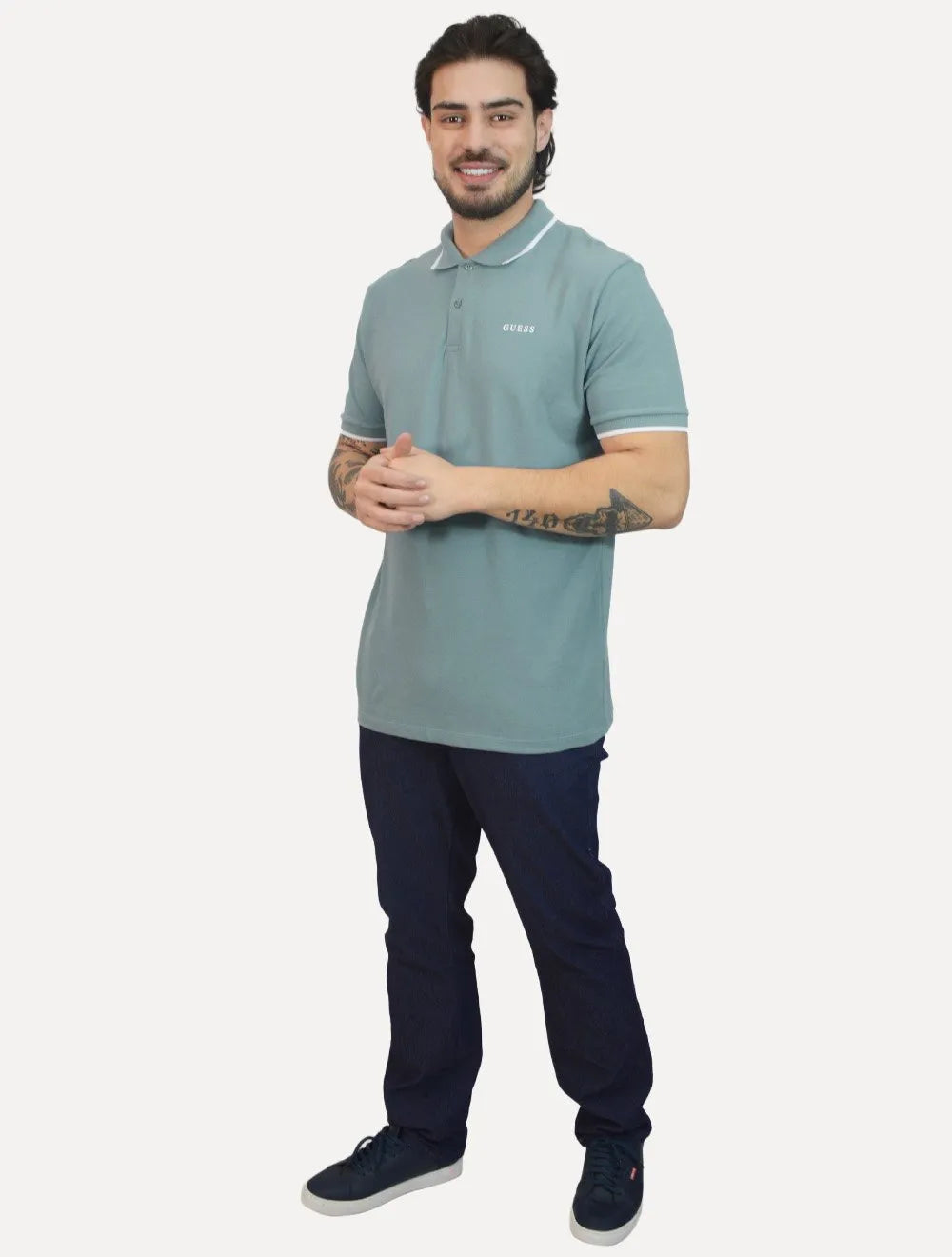 Polo Guess Masculina Piquet Silk Linear Light Friso Azul Petróleo