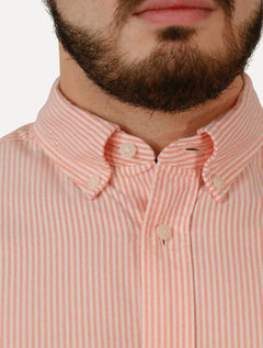 Camisa Tommy Hilfiger Masculina Manga Curta Regular Oxford Stripes Laranja Mescla