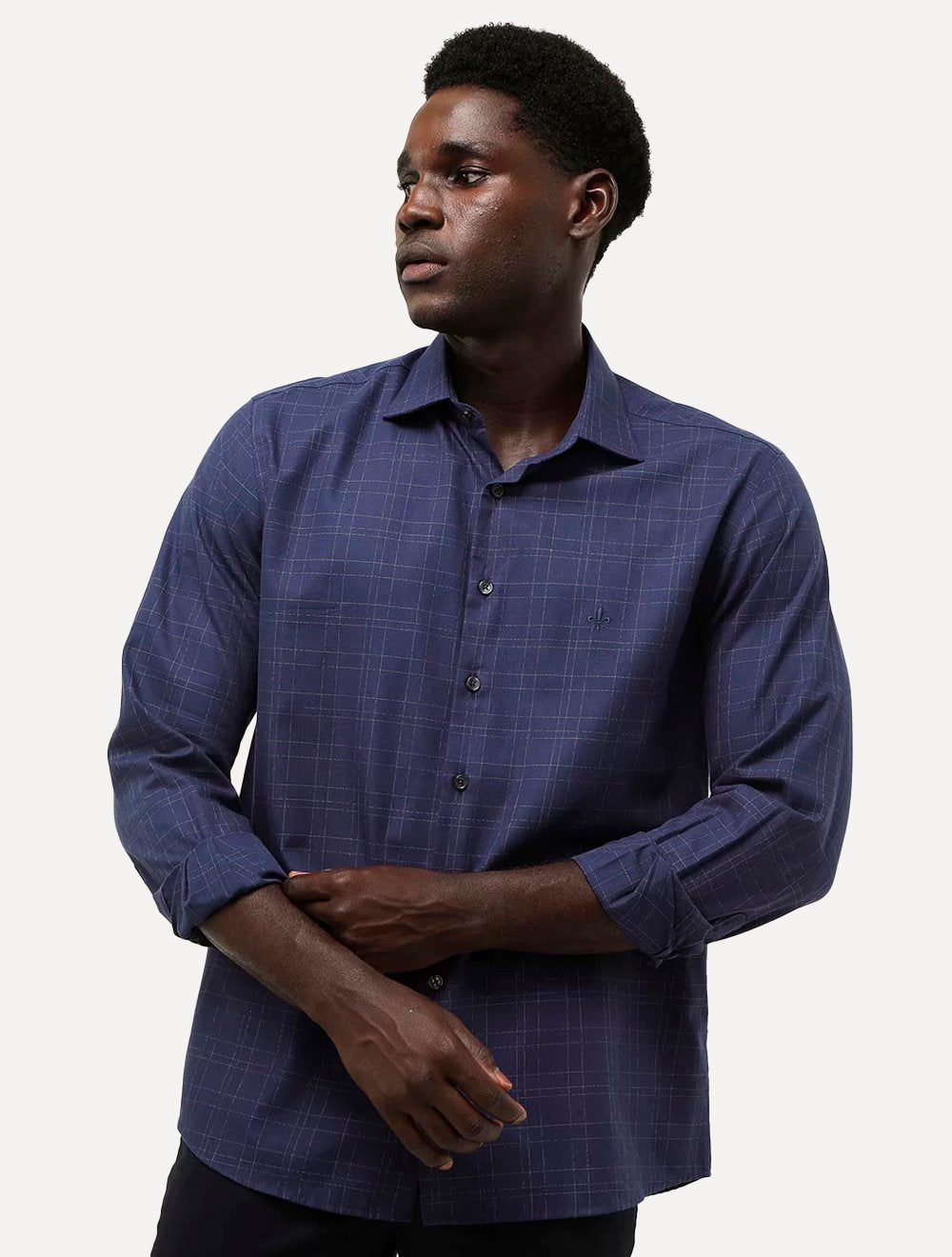 Camisa Dudalina Masculina Comfort Fit Xadrez Maq Grid Azul Marinho