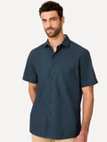 Camisa Dudalina Masculina Manga Curta Tricoline Lisa Azul Marinho