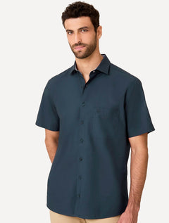 Camisa Dudalina Masculina Manga Curta Tricoline Lisa Azul Marinho