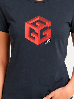 Camiseta Guess Feminina Cube 3D Logo Azul Marinho