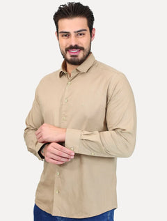 Camisa Dudalina Masculina Slim Slub Cotton Flame Lisa Cáqui Claro