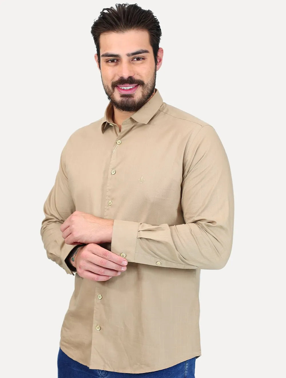 Camisa Dudalina Masculina Slim Slub Cotton Flame Lisa Cáqui Claro