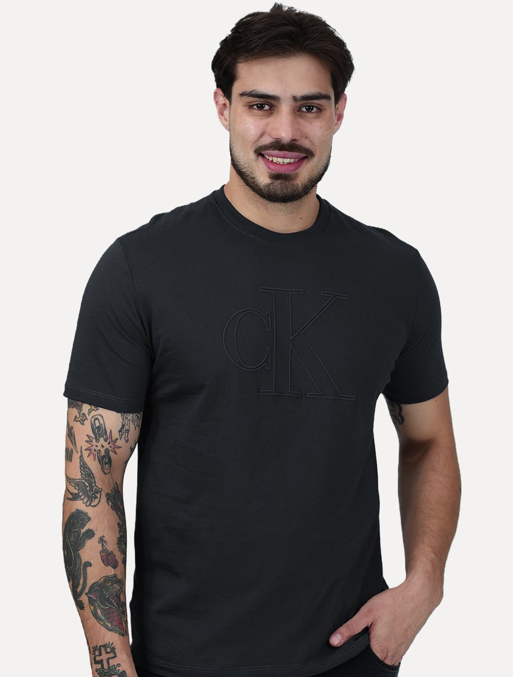 Camiseta Calvin Klein Masculina Meia Malha Big CK Logo Chumbo
