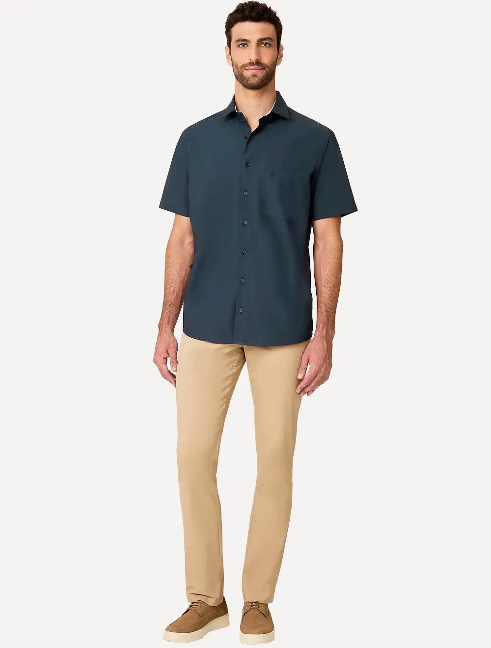 Camisa Dudalina Masculina Manga Curta Tricoline Lisa Azul Marinho