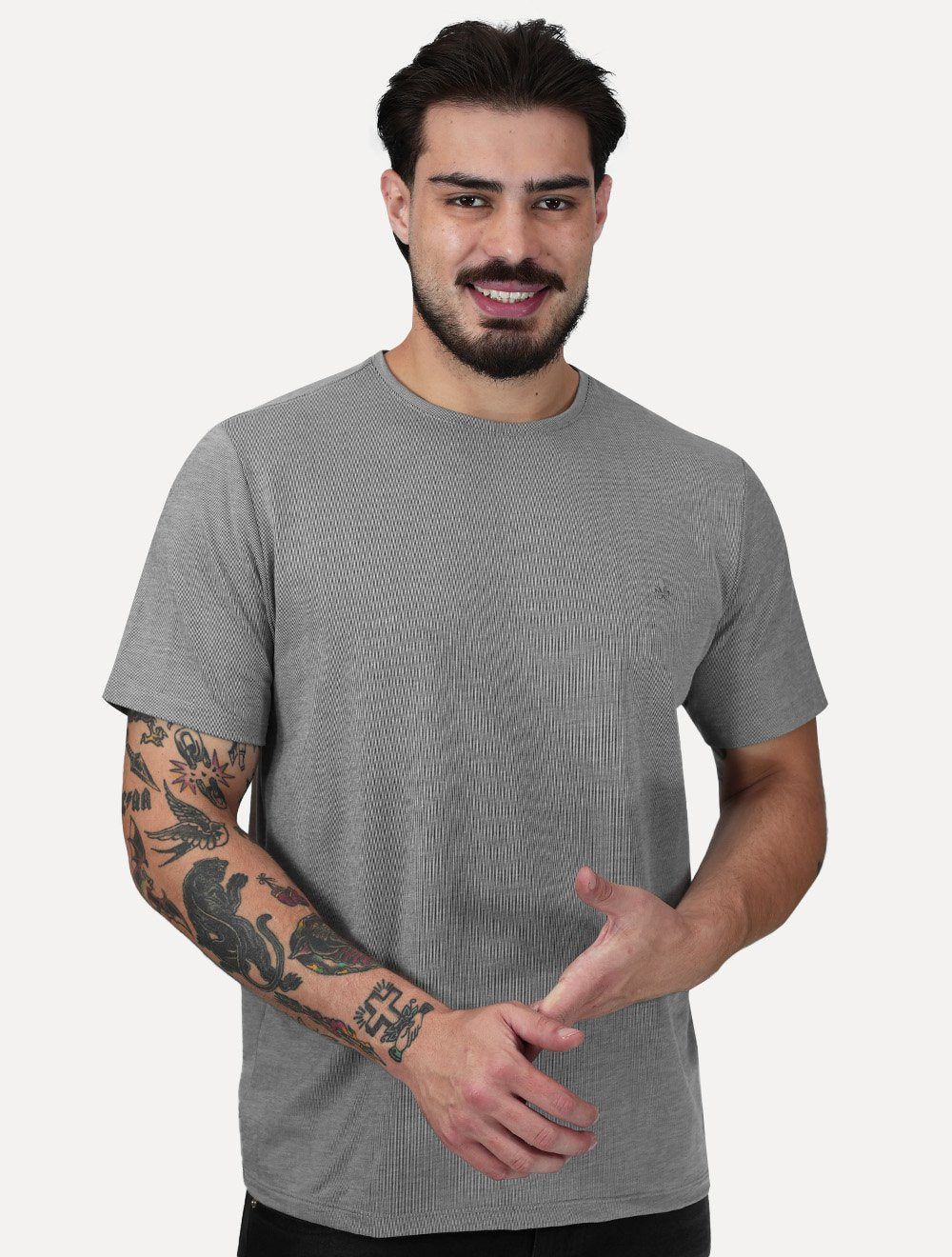 Camiseta Dudalina Masculina Essentials Mini Stripe Vertical Cinza Claro