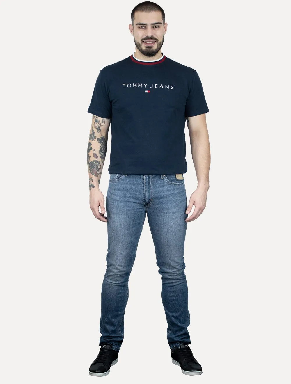 Camiseta Tommy Jeans Masculina Regular Linear Ringer Tee Azul Marinho