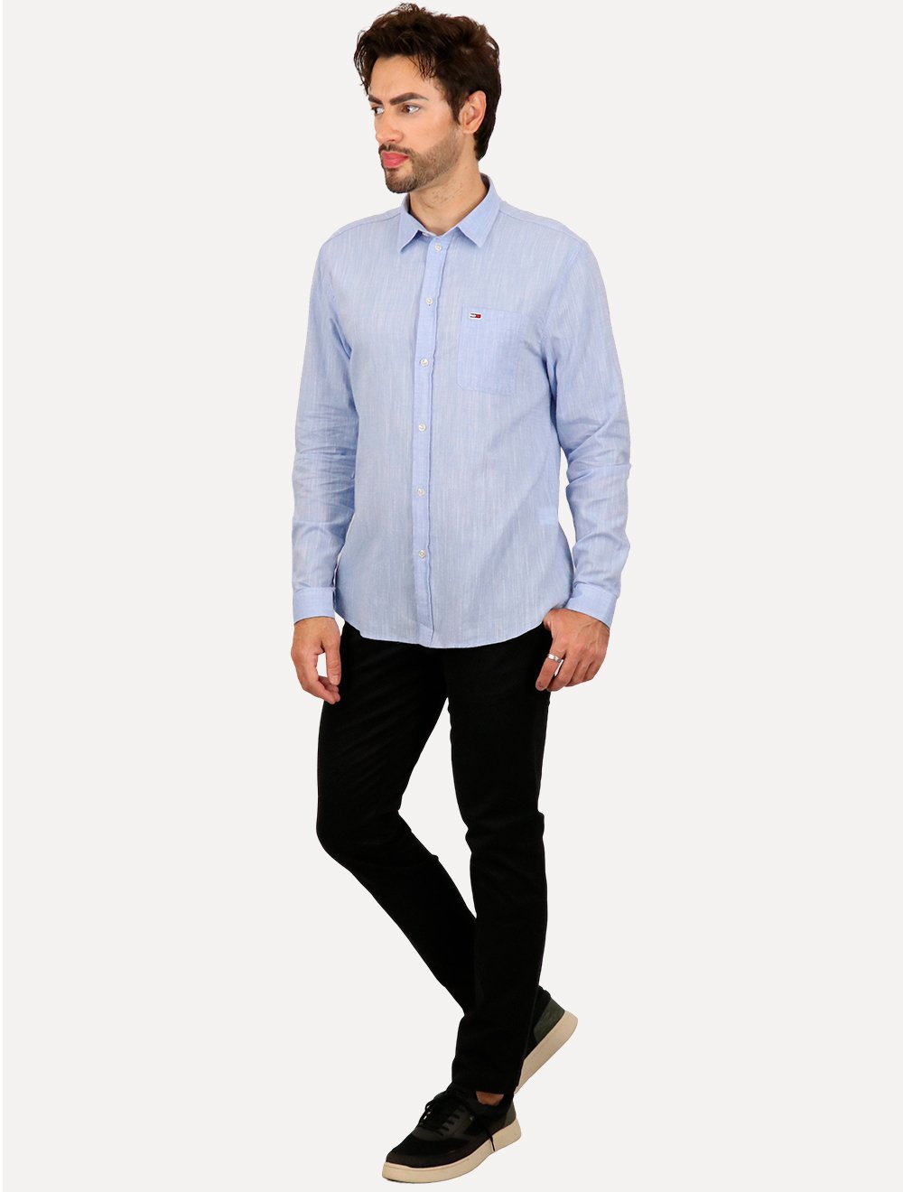 Camisa Tommy Jeans Masculina Regular Linen Blend Pocket Azul Mescla