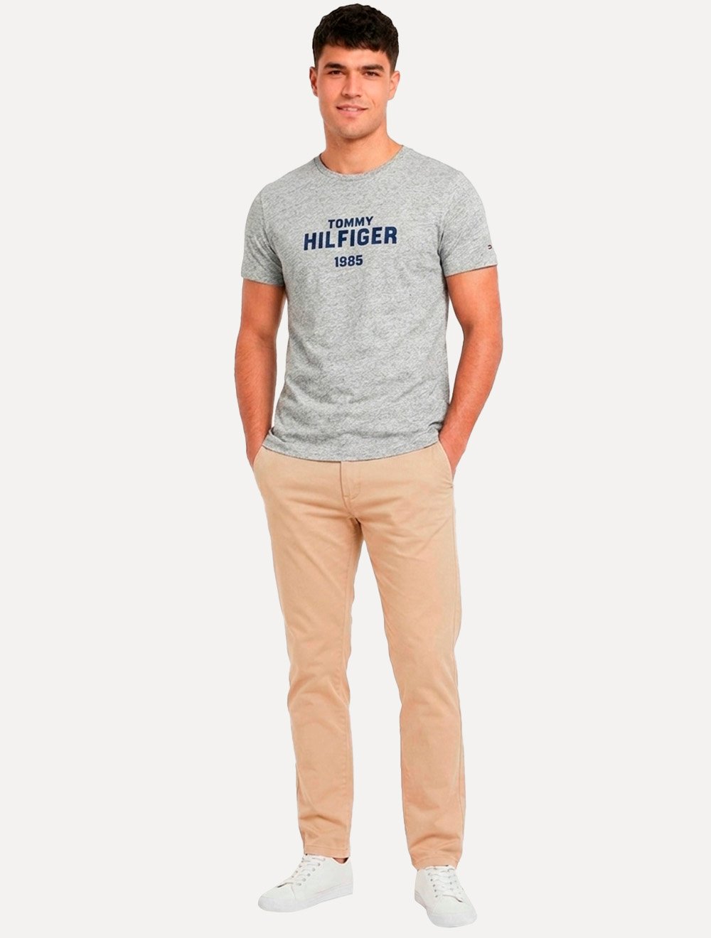 Camiseta Tommy Hilfiger Masculina Arch Logo 1985 Cinza Mescla
