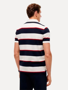 Polo Tommy Hilfiger Masculina Regular Piquet 1985 Striped Cáqui Claro/Marinho