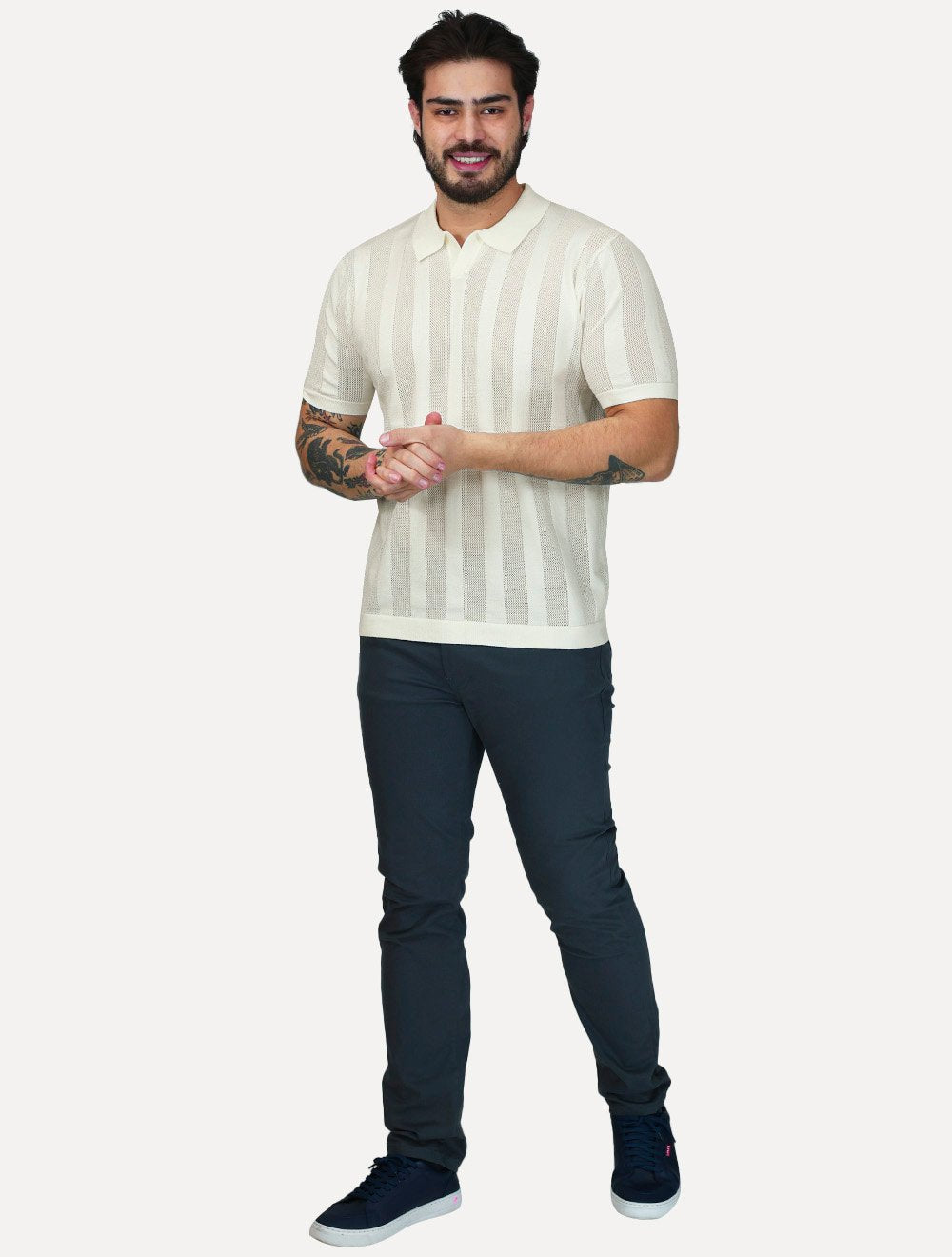 Polo Dixen Masculina Tricot Vertical Manga Curta Off-White