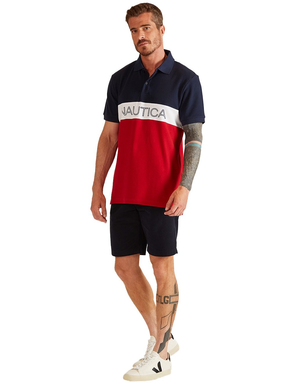 Polo Nautica Masculina Piquet Colorblock Branca/Vermelha/Marinho
