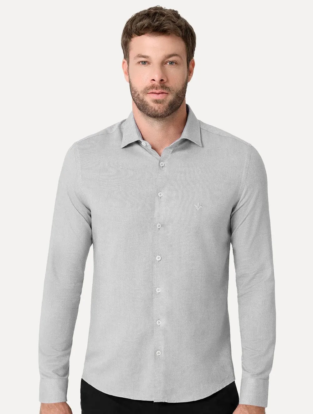 Camisa Dudalina Masculina Milano Fit Tricoline Stretch Oxford Cinza Claro