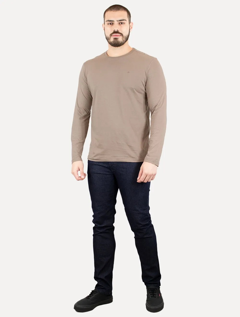 Camiseta Calvin Klein Masculina Meia Malha CK Cáqui Médio