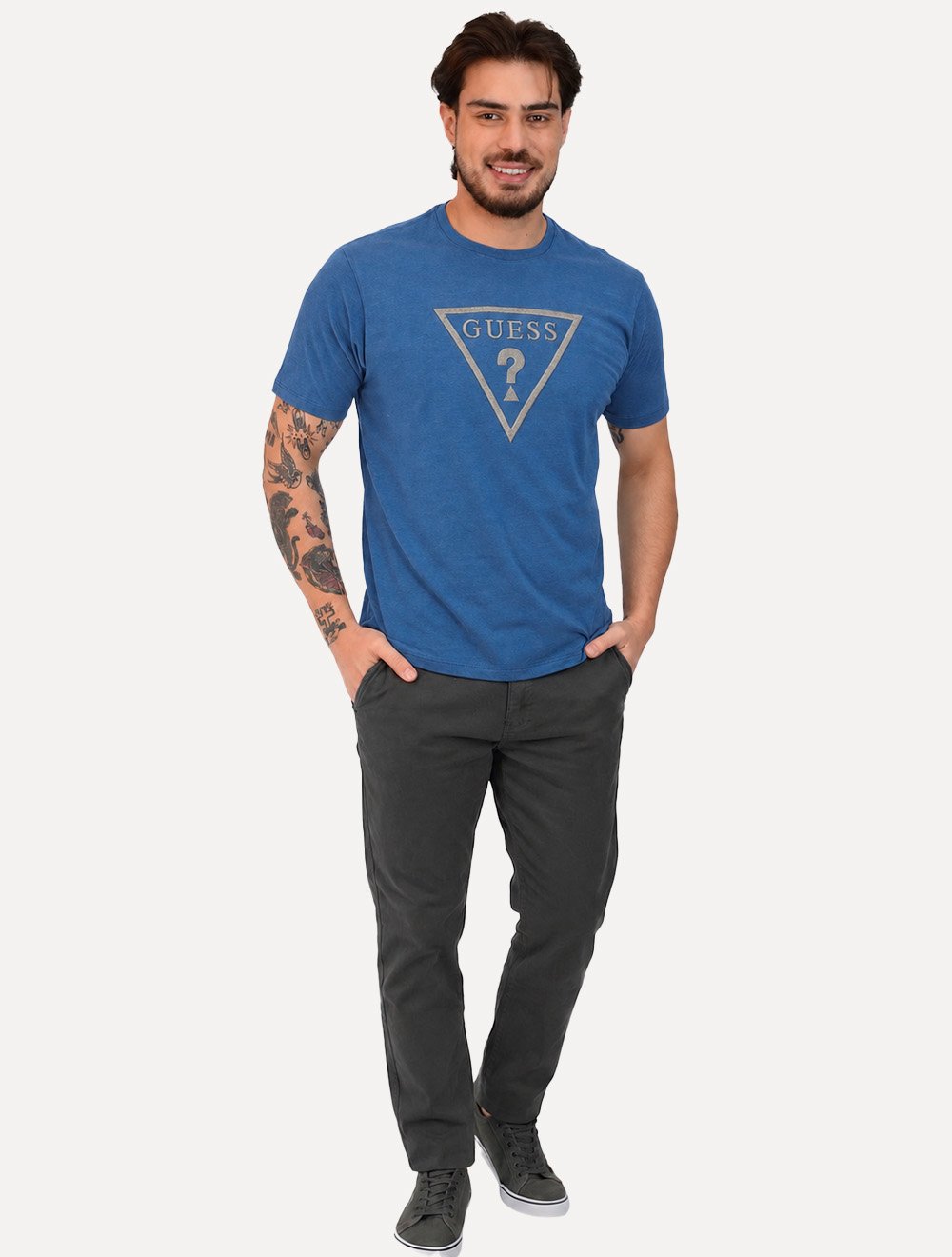 Camiseta Guess Masculina Classic Logo Embossed Azul Médio