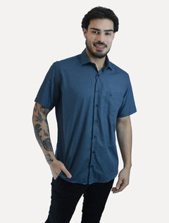 Camisa Dudalina Masculina Manga Curta Comfort Superfine Cotton Mini Xadrez Azul Petróleo