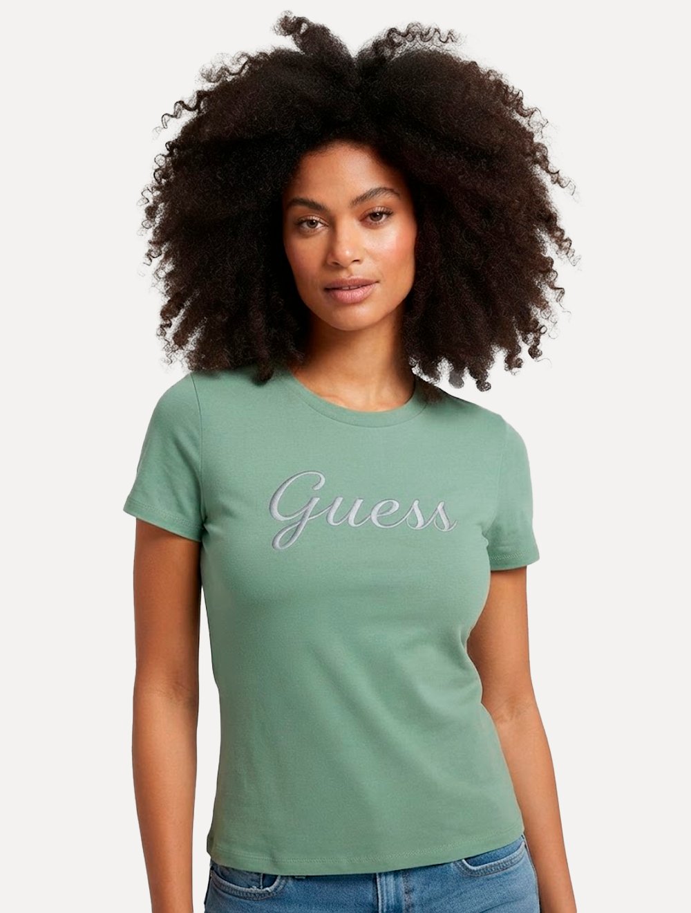 Camiseta Guess Feminina Signature Embroidery Logo Verde Claro