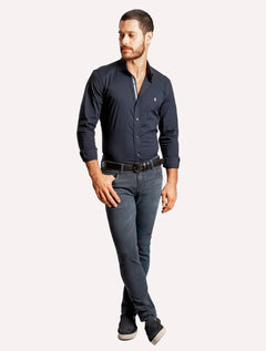 Camisa Sergio K Masculina Slim Fit Elastano Dark Gorgurão Azul Marinho