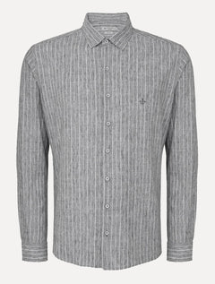 Camisa Dudalina Masculina Slim Slub Cotton Listrada Cinza Médio Mescla