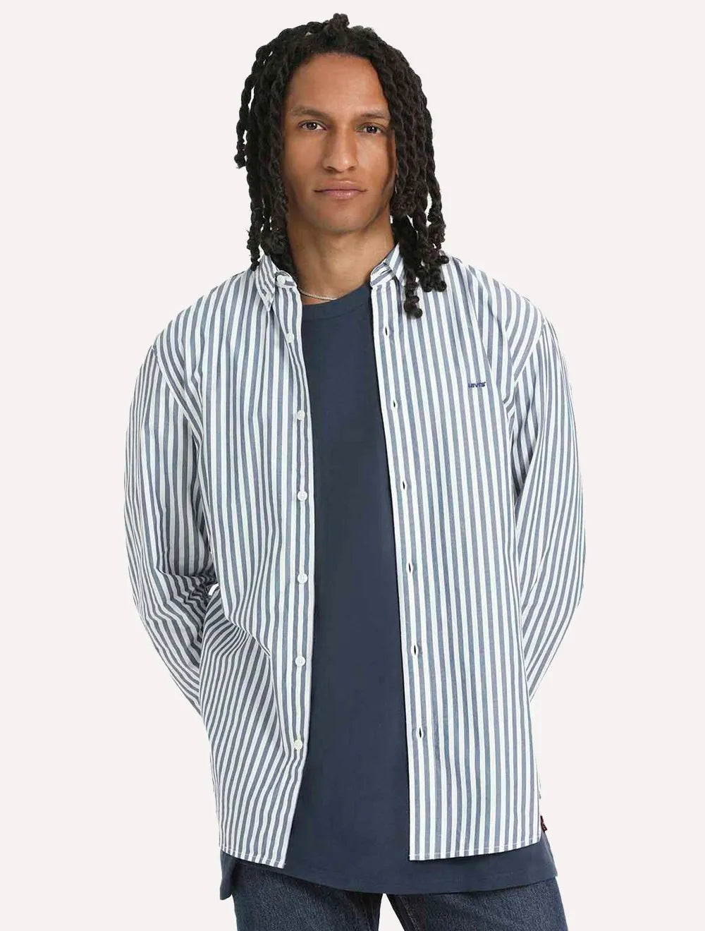 Camisa Levis Masculina Relaxed Oxford Authentic Button Down Listras Azul/Branco