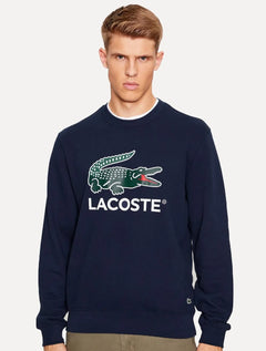 Moletom Lacoste Masculino Crewneck Classic Fit Cotton Fleece Logo Azul Marinho