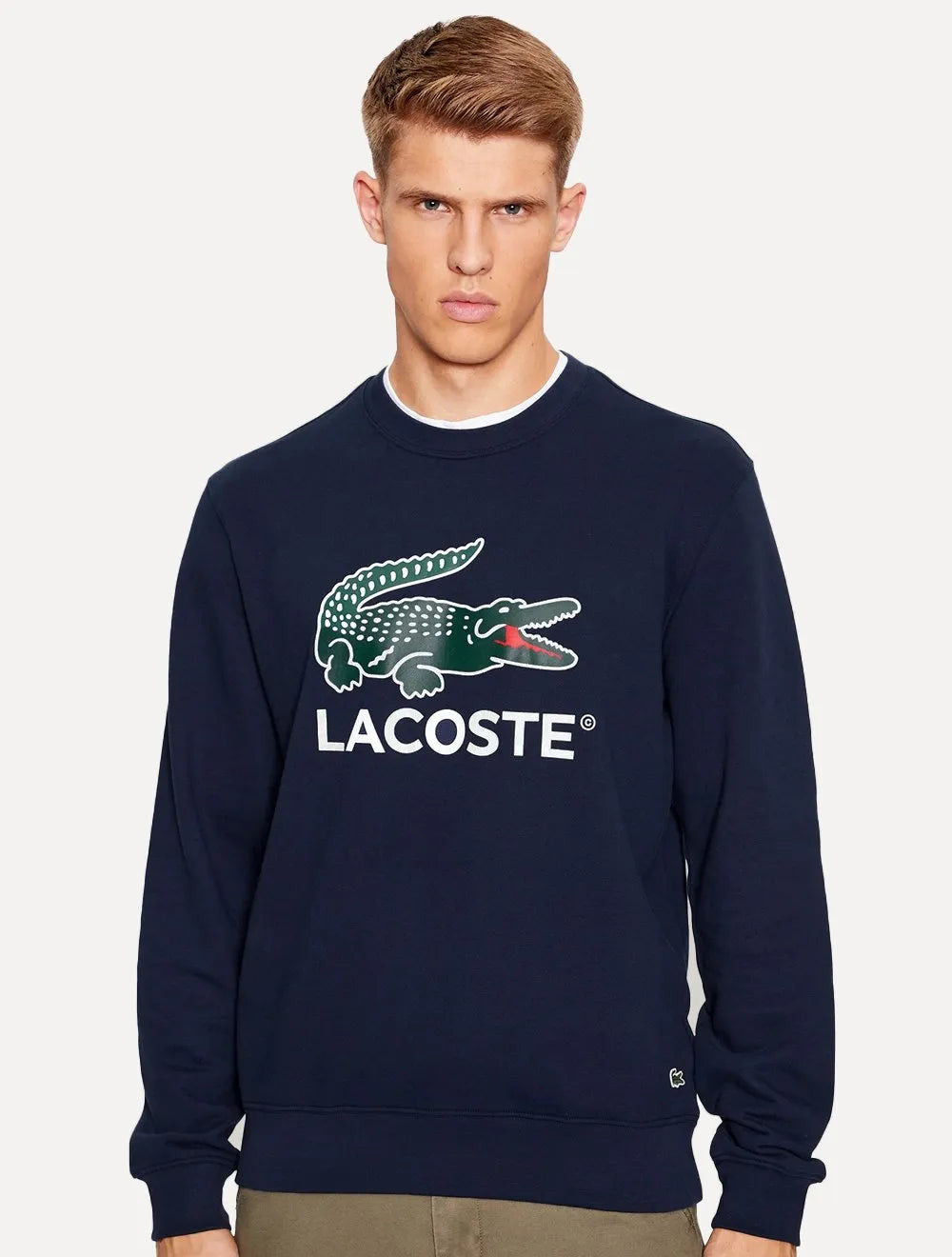 Moletom Lacoste Masculino Crewneck Classic Fit Cotton Fleece Logo Azul Marinho
