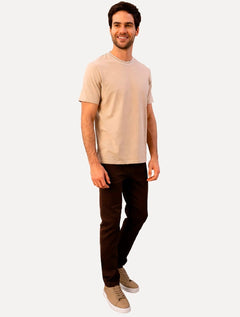 Camiseta Calvin Klein Masculina Gola Alta Friso Logo Bordado Cáqui Claro