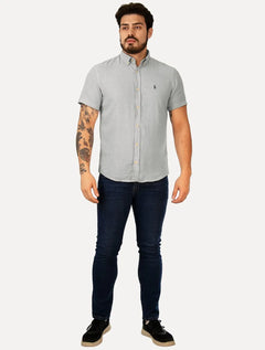 Camisa Ralph Lauren Masculina Manga Curta Custom Linho Grey Logo Cinza Mescla