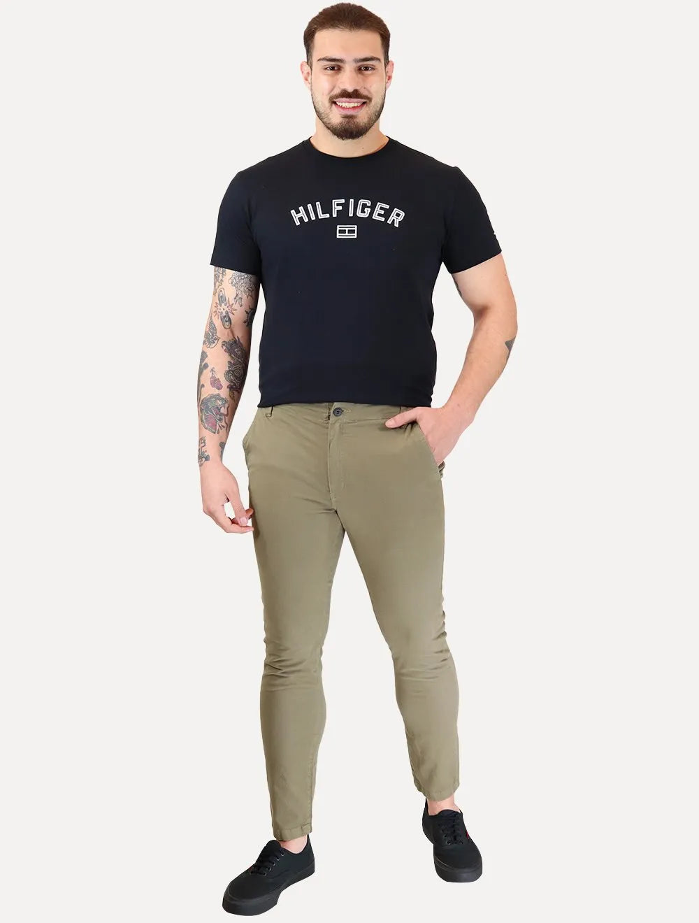 Calça Aramis Masculina Chino Sarja Classica Button Verde Militar