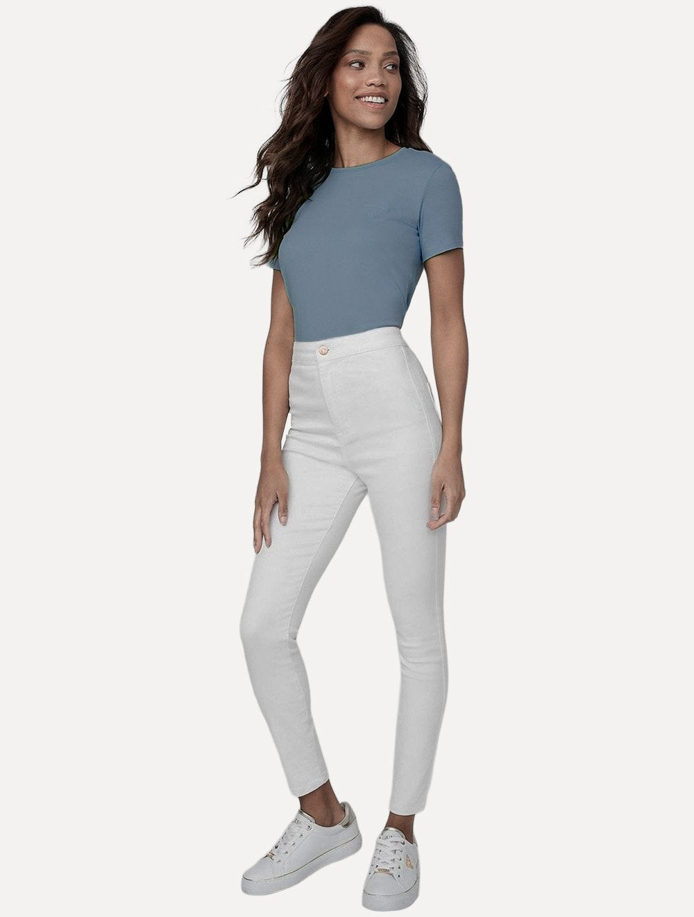 Camiseta Guess Feminina Chest Rubber Logo Azul Médio