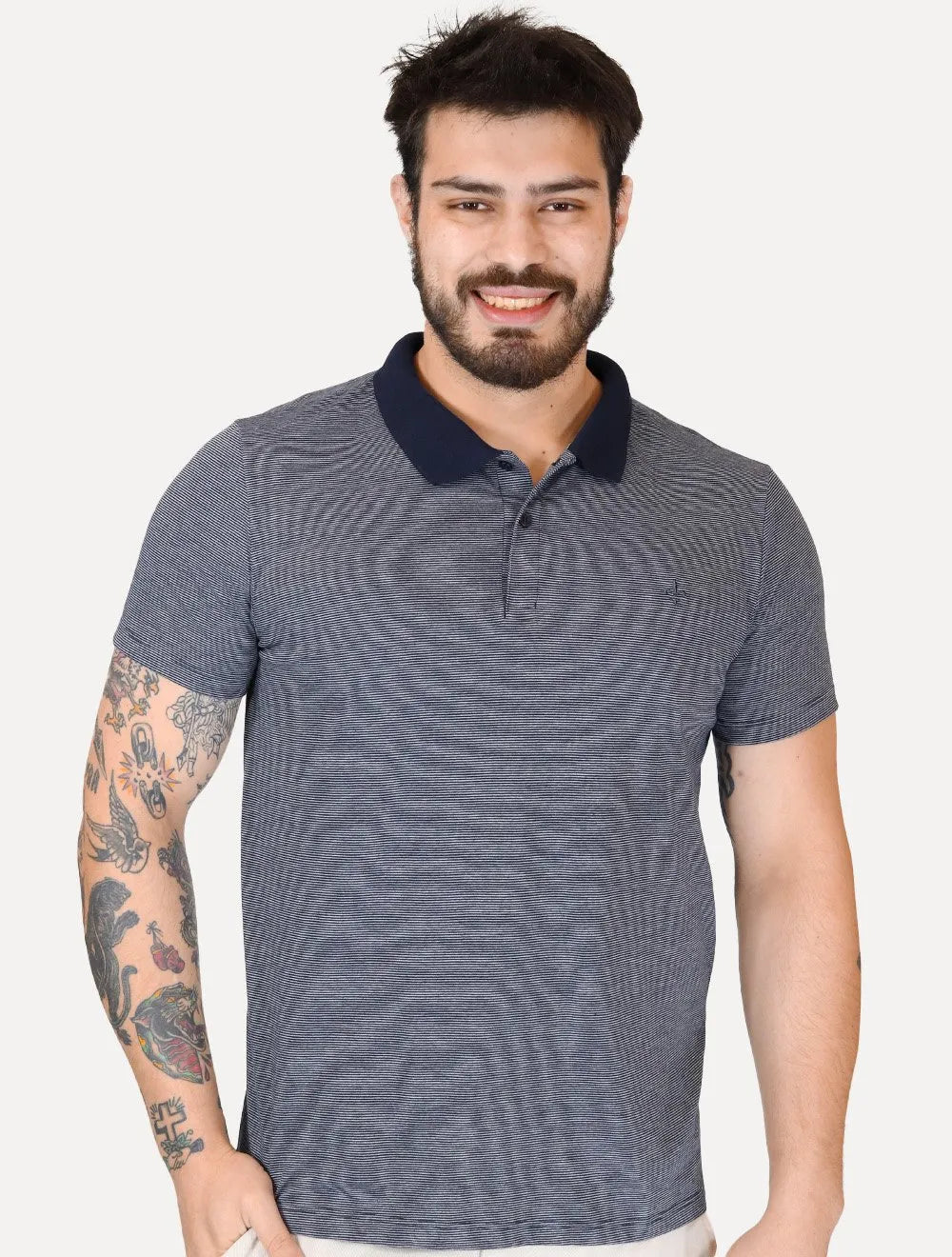 Kit Polo e Camiseta Dudalina Masculina Azul Marinho Listrado e Azul Marinho