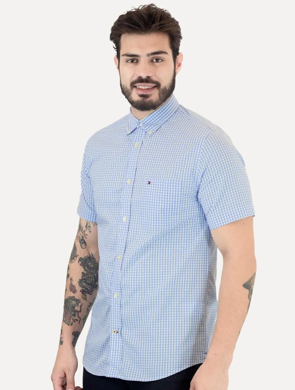 Camisa Tommy Hilfiger Masculina Manga Curta Pocket Gingham Azul Claro