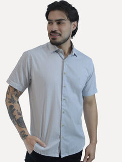 Camisa Dudalina Masculina Manga Curta Slim Fit Slub Cotton Flame Cinza Claro