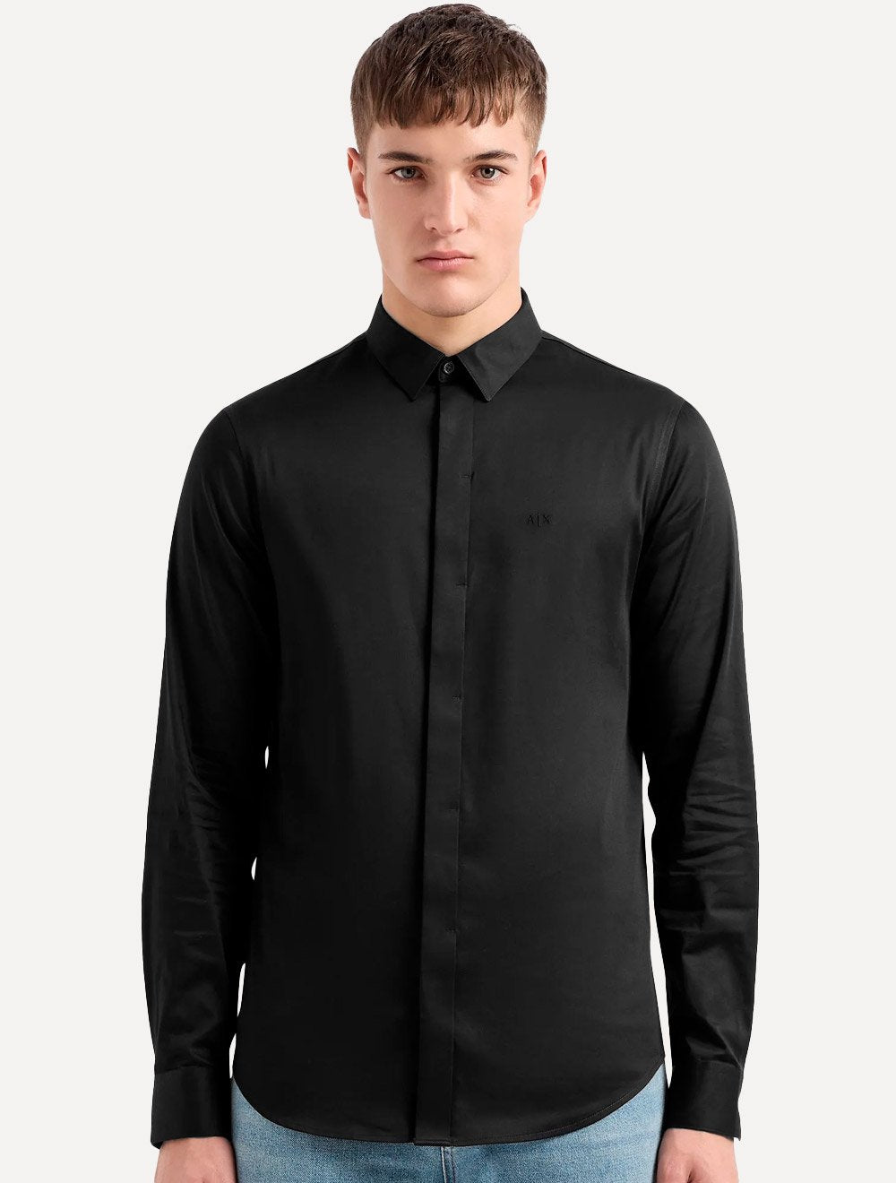 Camisa Armani Exchange Masculina Slim Fit Hidden Button Mono Logo Preta