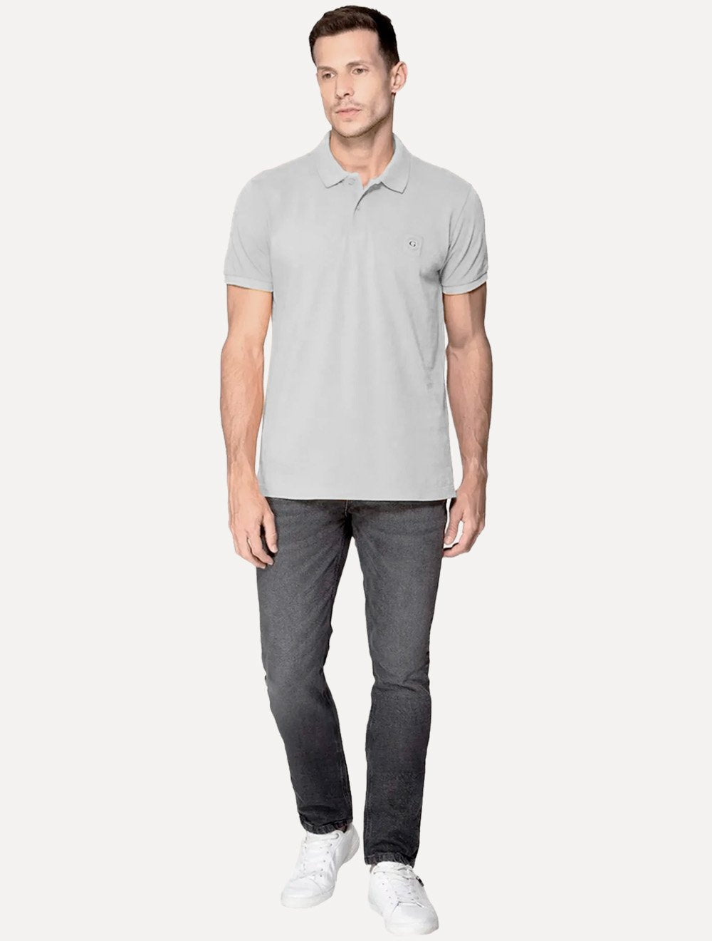 Polo Guess Masculina Piquet Small Patch Cinza Claro