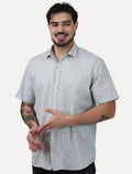 Camisa Dudalina Masculina Manga Curta Confort Superfine Cotton Light Logo Xadrez Cinza Claro