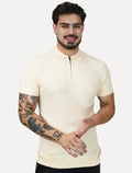 Polo Dixen Masculina Tricot Manga Curta Ziper Creme