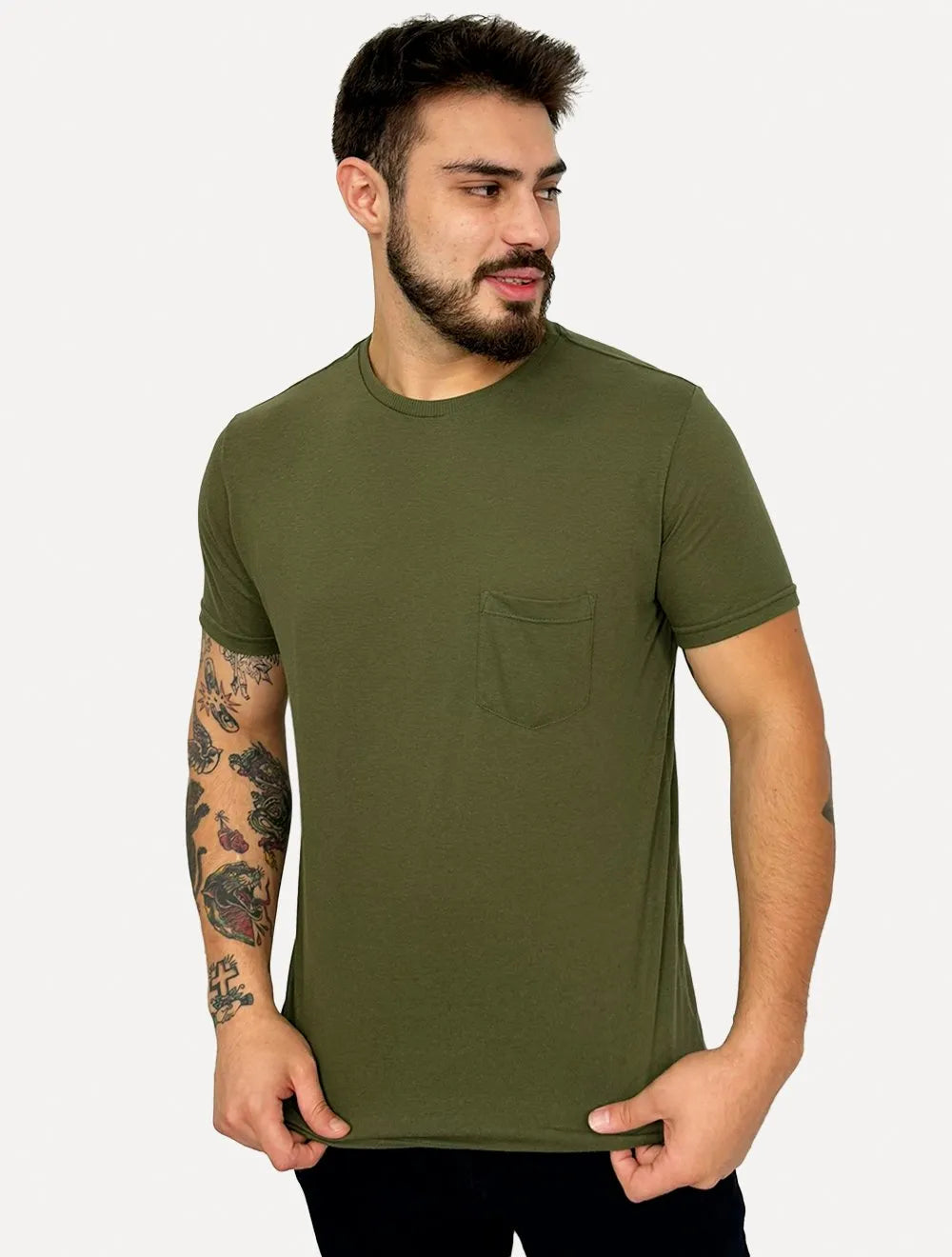 Camiseta King & Joe Masculina Slim Eco Crewneck Pocket Verde Militar