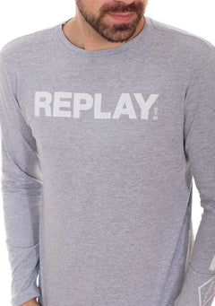 Camiseta Replay Masculina Manga Longa Logo Chest Cinza Mescla