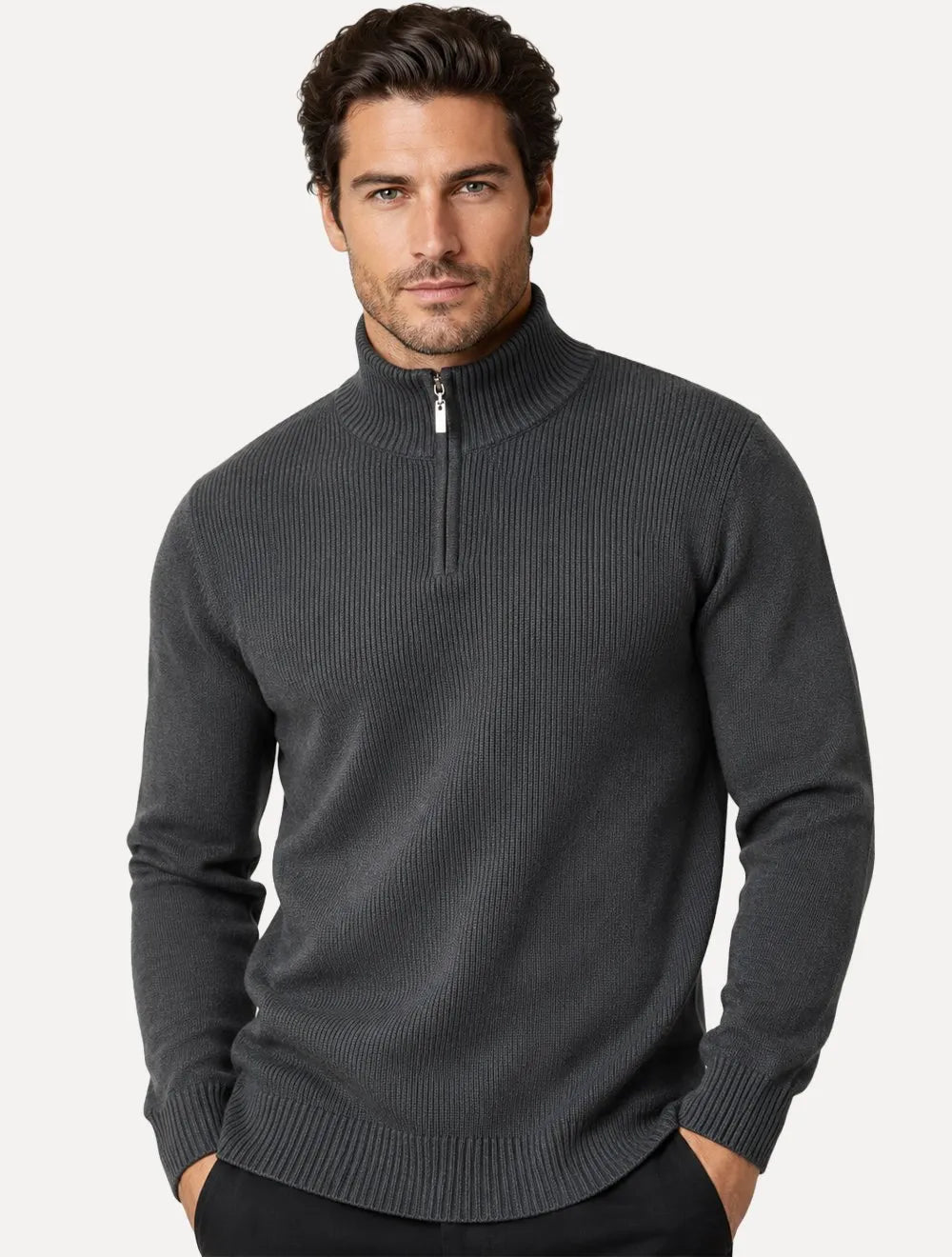 Suéter Dixen Masculino Tricot Straights Half-Zip Gola Alta Cinza Chumbo