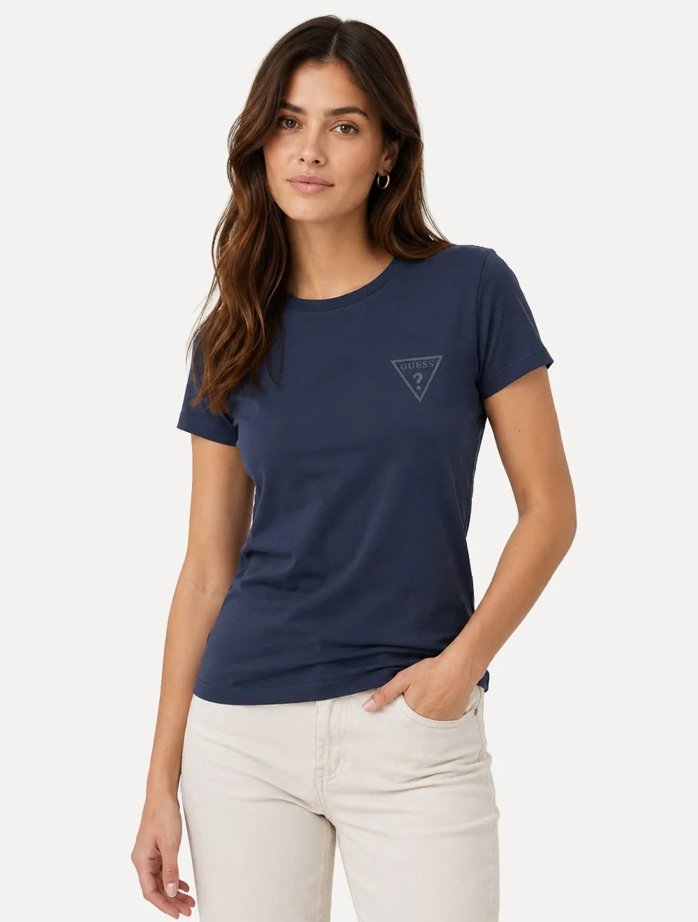 Camiseta Guess Feminina Chest Rubber Logo Azul Marinho