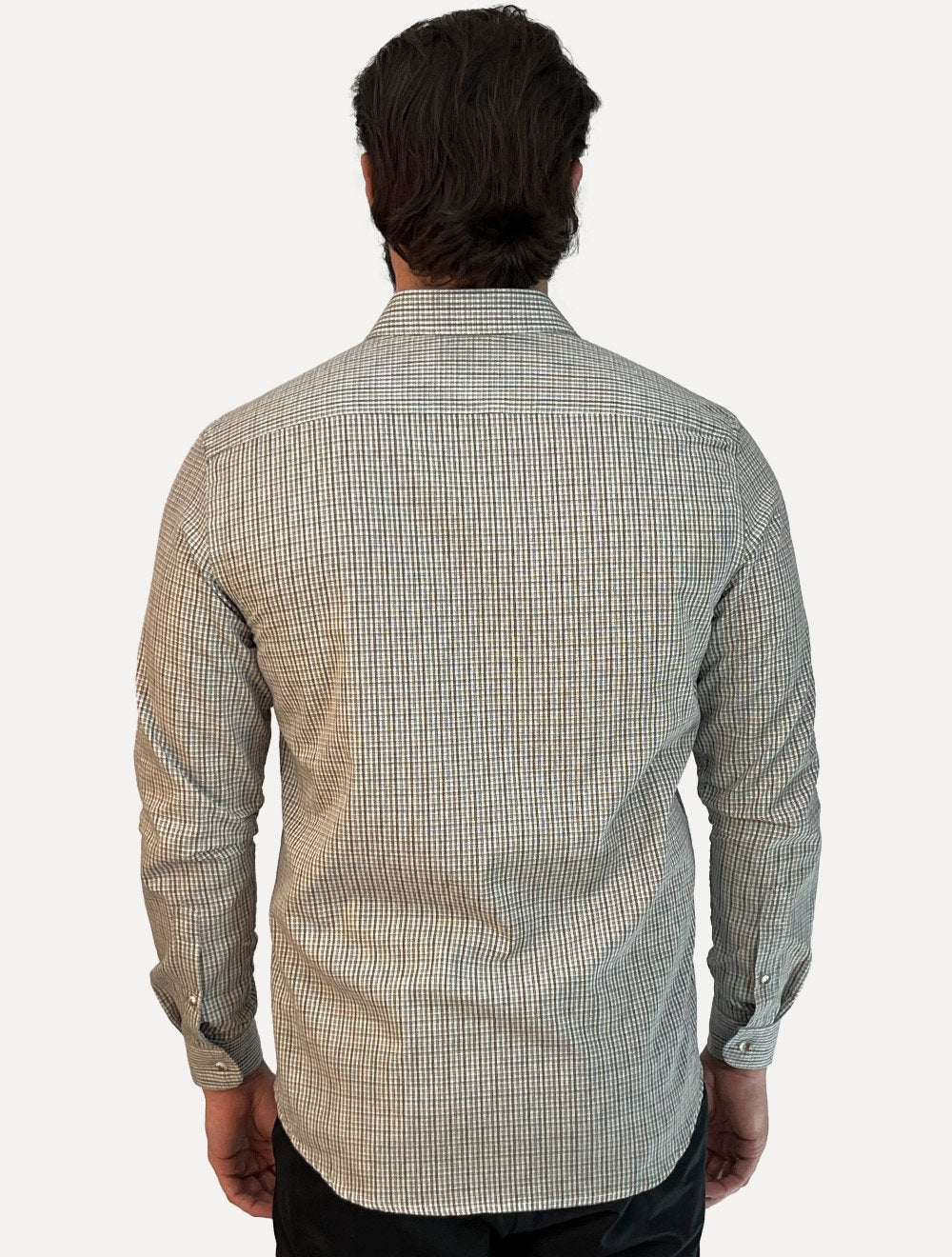 Camisa Dudalina Masculina Comfort Superfine Slim Tricoline Xadrez Mono Logo Cáqui Escuro