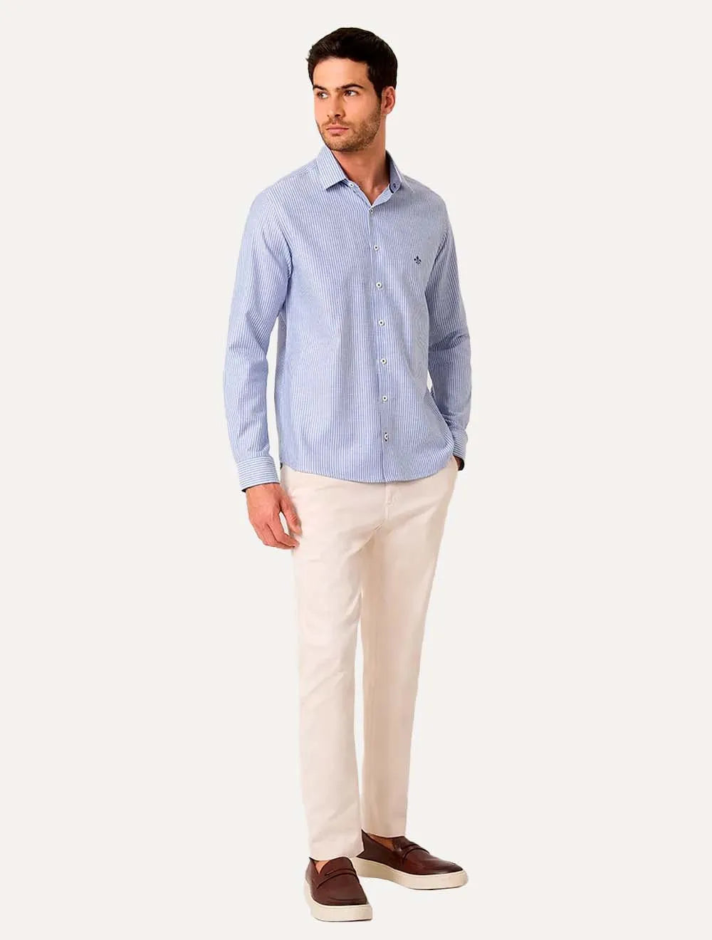 Camisa Dudalina Masculina Slim Superfine Cotton Listrada Azul Médio Mescla