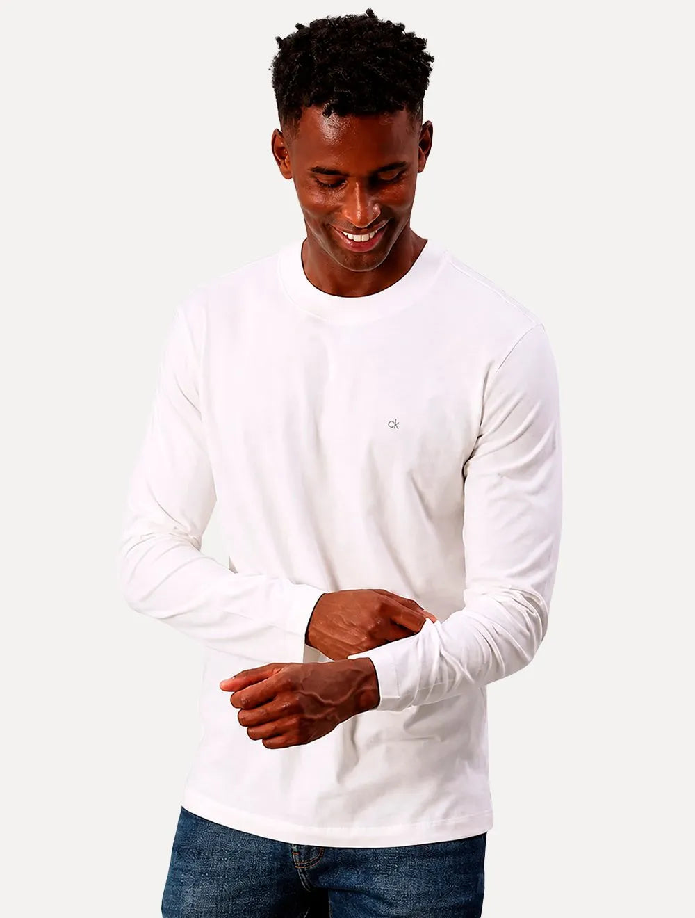 Camiseta Calvin Klein Jeans Masculina Manga Longa Rubber CK Frontal Off White