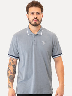 Polo Guess Masculina Piquet Frisos Triangulo Bordado Light Azul Mescla