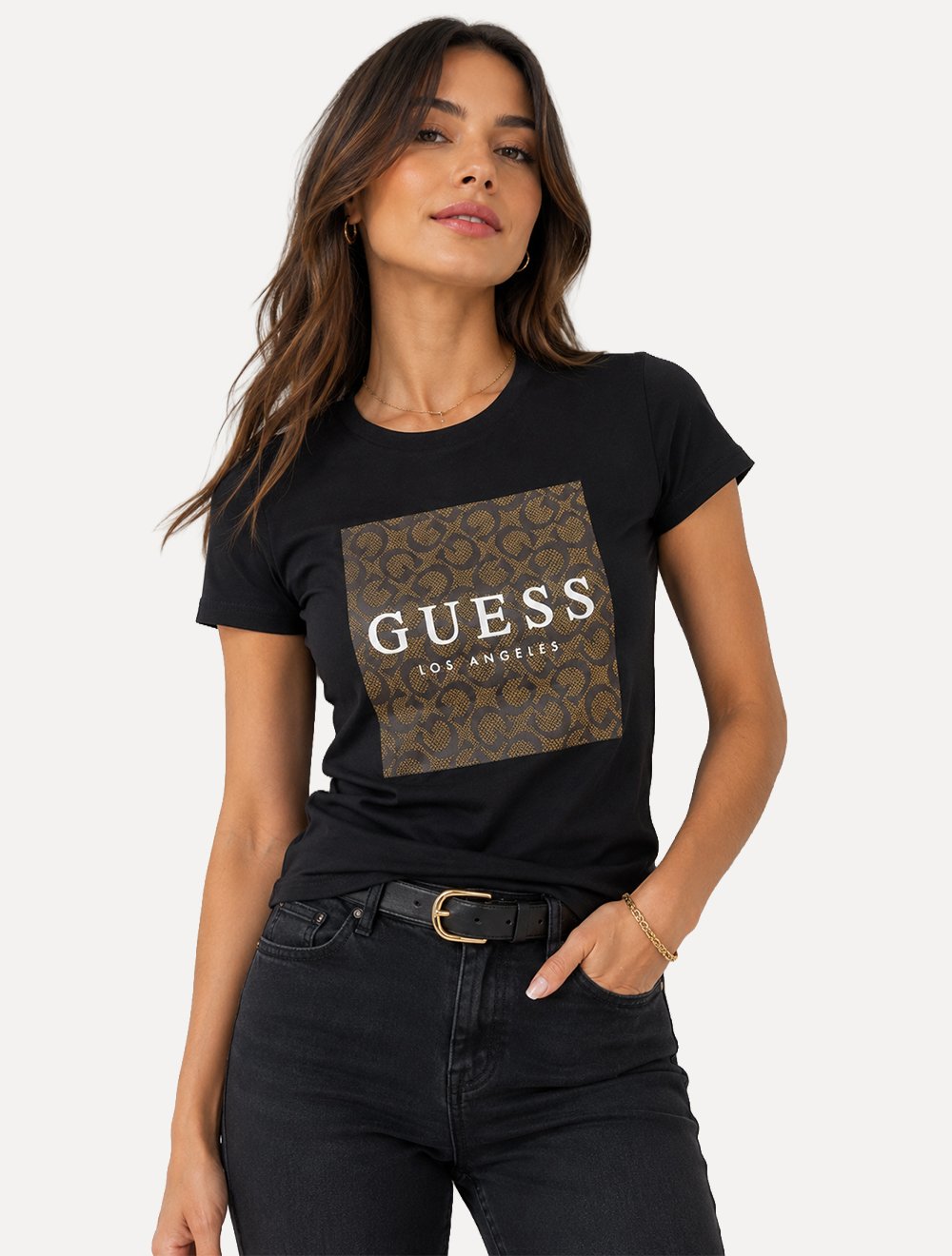 Camiseta Guess Feminina Los Angeles Monogramado Logo Preta