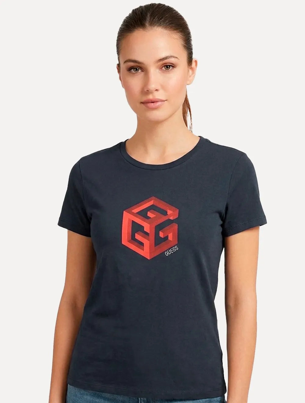 Camiseta Guess Feminina Cube 3D Logo Azul Marinho