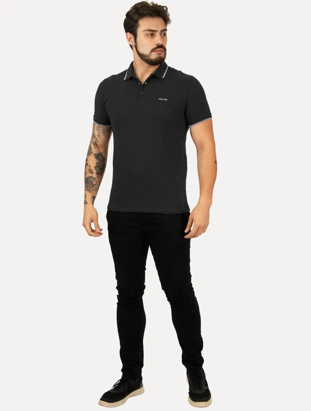 Polo John John Masculina Two Lines Preta