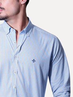 Camisa Dudalina Masculina Slim Superfine Cotton Xadrez Grid Azul Médio